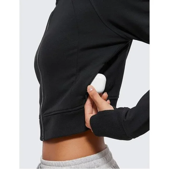 CRZ YOGA Women's Fleece Lined Zip Up Cropped Hoodie - Long Sleeve with Thumbhole - Picture 4 of 9